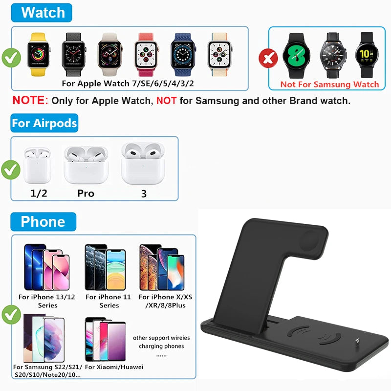 15W Fast Wireless Charger Stand for Iphone 15 14 13 12 11 8 Apple Watch 4 in 1 Foldable Charging Station for Airpods Pro Iwatch