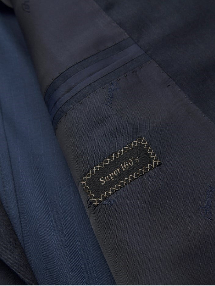 Navy blue herringbone Super 160's wool Brunico suit